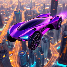 A futuristic neon purple flying sport hyper car with a long sleek design