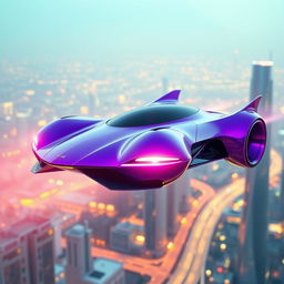 A futuristic neon purple flying sport hyper car with a long sleek design