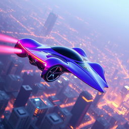 A futuristic neon purple flying sport hyper car with a long sleek design