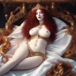 A full body image of a fair-skinned fantasy priestess with curly red hair and full lips, laying down in a white and gold bikini