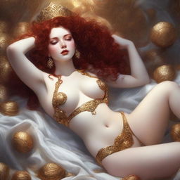 A full body image of a fair-skinned fantasy priestess with curly red hair and full lips, laying down in a white and gold bikini