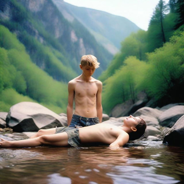 A smooth, hairless, and skinny 16-year-old boy with no beard is laying on a rock by a mountain stream