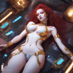 A full body image of a fair-skinned cyberpunk priestess with curly red hair and full lips, laying down in a white and gold bikini