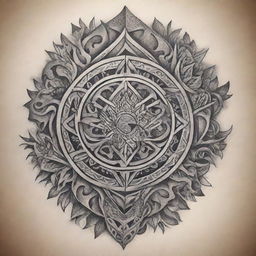 Artistic and intricate tattoo design featuring a blend of tribal symbols and nature motifs.