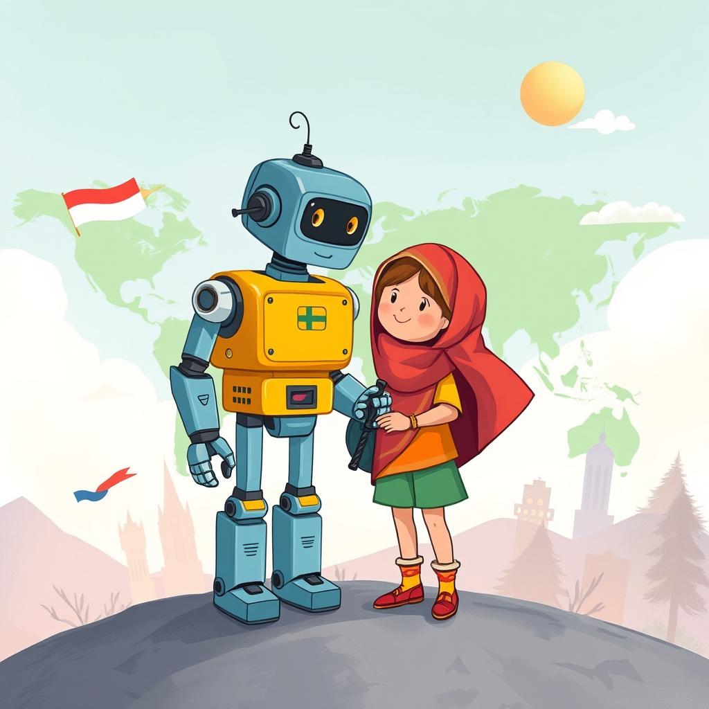 Create an illustration for a children's book about a robot traveling the world