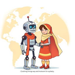 Create an illustration for a children's book about a robot traveling the world