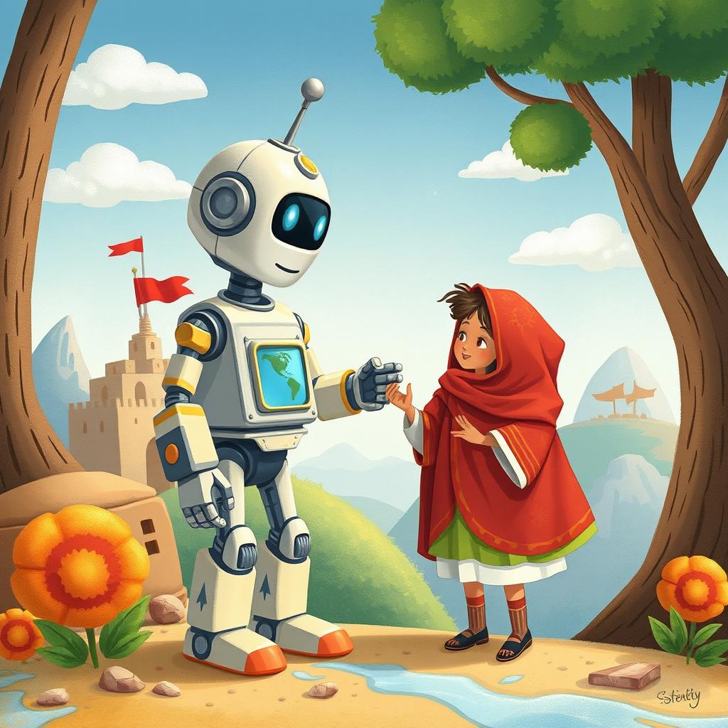 Create an illustration for a children's book about a robot traveling the world