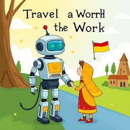 Create an illustration for a children's book about a robot traveling the world