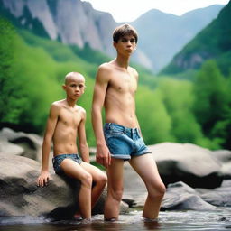 A 16-year-old boy, smooth, hairless, and skinny, is laying shirtless on a rock by a mountain stream