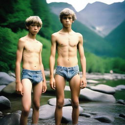 A 16-year-old boy, smooth, hairless, and skinny, is laying shirtless on a rock by a mountain stream