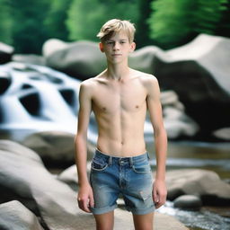 A 16-year-old boy, smooth, hairless, and skinny, is laying shirtless on a rock by a mountain stream