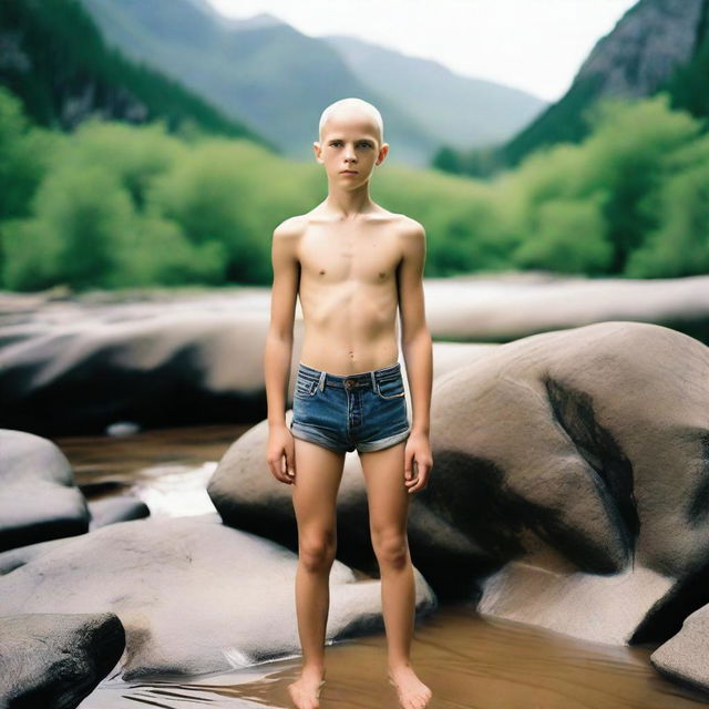 A 16-year-old boy, smooth, hairless, and skinny, is laying shirtless on a rock by a mountain stream