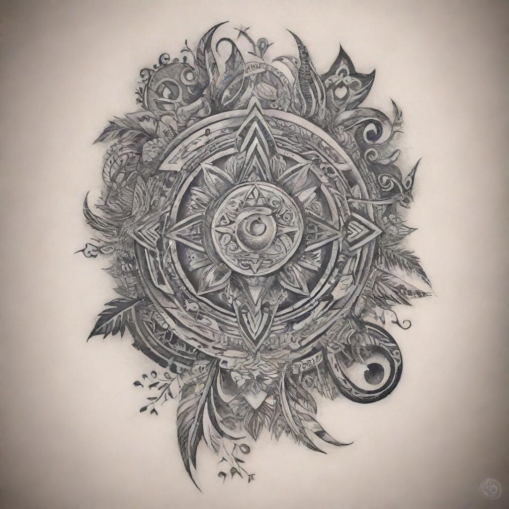 Artistic and intricate tattoo design featuring a blend of tribal symbols and nature motifs.