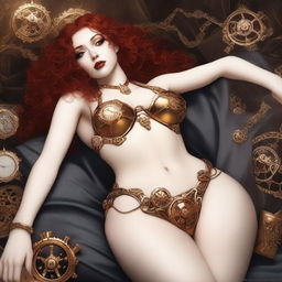 A full body image of a fair-skinned steampunk priestess with curly red hair and full lips, laying down in a white and gold bikini