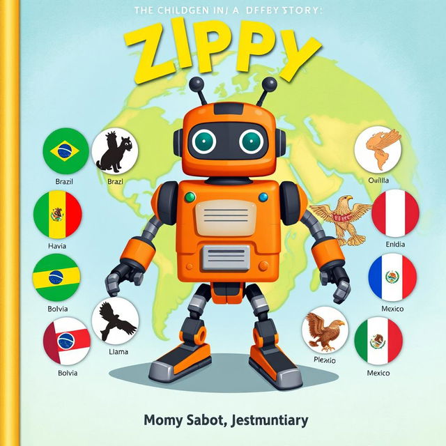 Create a book cover illustration for a children's story featuring Zippy, the robot, at the center