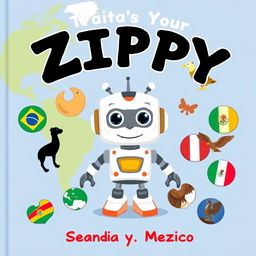 Create a book cover illustration for a children's story featuring Zippy, the robot, at the center