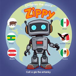 Create a book cover illustration for a children's story featuring Zippy, the robot, at the center