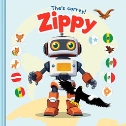 Create a book cover illustration for a children's story featuring Zippy, the robot, at the center