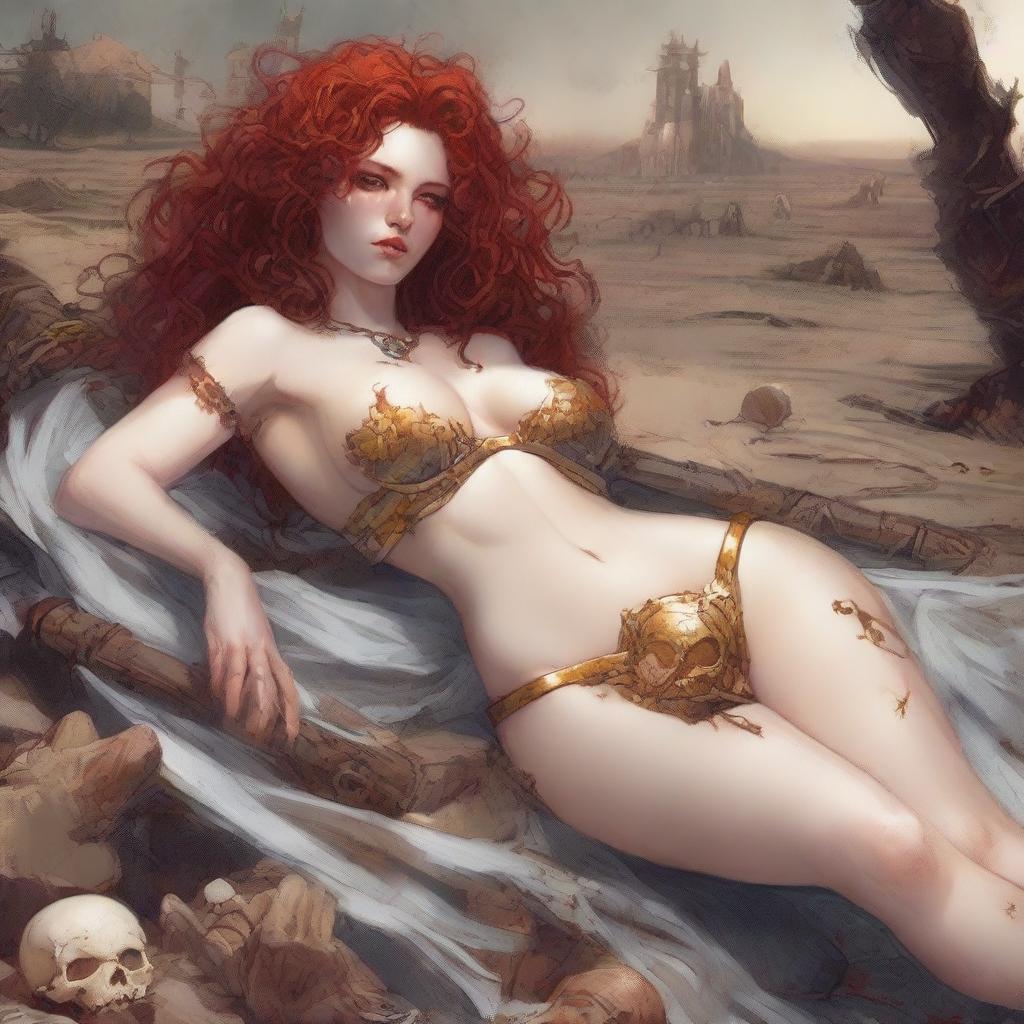 A full body image of a fair-skinned post-apocalyptic priestess with curly red hair and full lips, laying down in a white and gold bikini