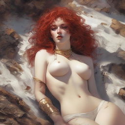 A full body image of a fair-skinned post-apocalyptic priestess with curly red hair and full lips, laying down in a white and gold bikini