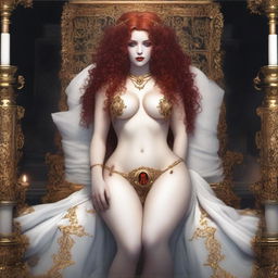 A full body image of a fair-skinned goth priestess with curly red hair and full lips, laying down in a white and gold bikini