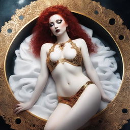 A full body image of a fair-skinned 25th-century goth priestess with curly red hair and full lips, laying down in a white and gold bikini