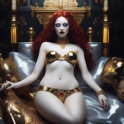 A full body image of a fair-skinned 25th-century goth priestess with curly red hair and full lips, laying down in a white and gold bikini