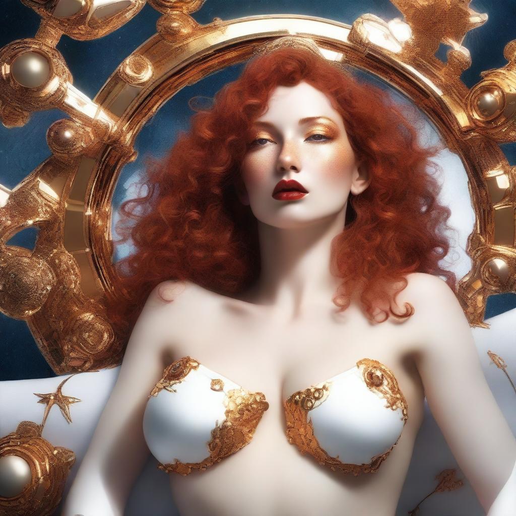 A full body image of a fair-skinned 25th-century space priestess with curly red hair and full lips, laying down in a white and gold bikini