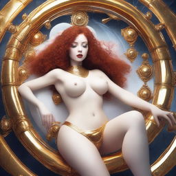 A full body image of a fair-skinned 25th-century space priestess with curly red hair and full lips, laying down in a white and gold bikini