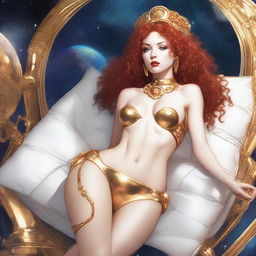 A full body image of a fair-skinned 25th-century space priestess with curly red hair and full lips, laying down in a white and gold bikini