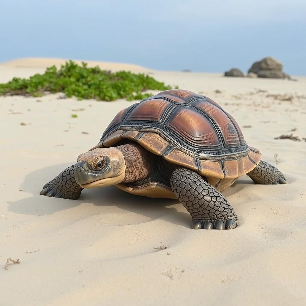 A unique turtle with a wooden shell and no mouth, exploring a deserted island