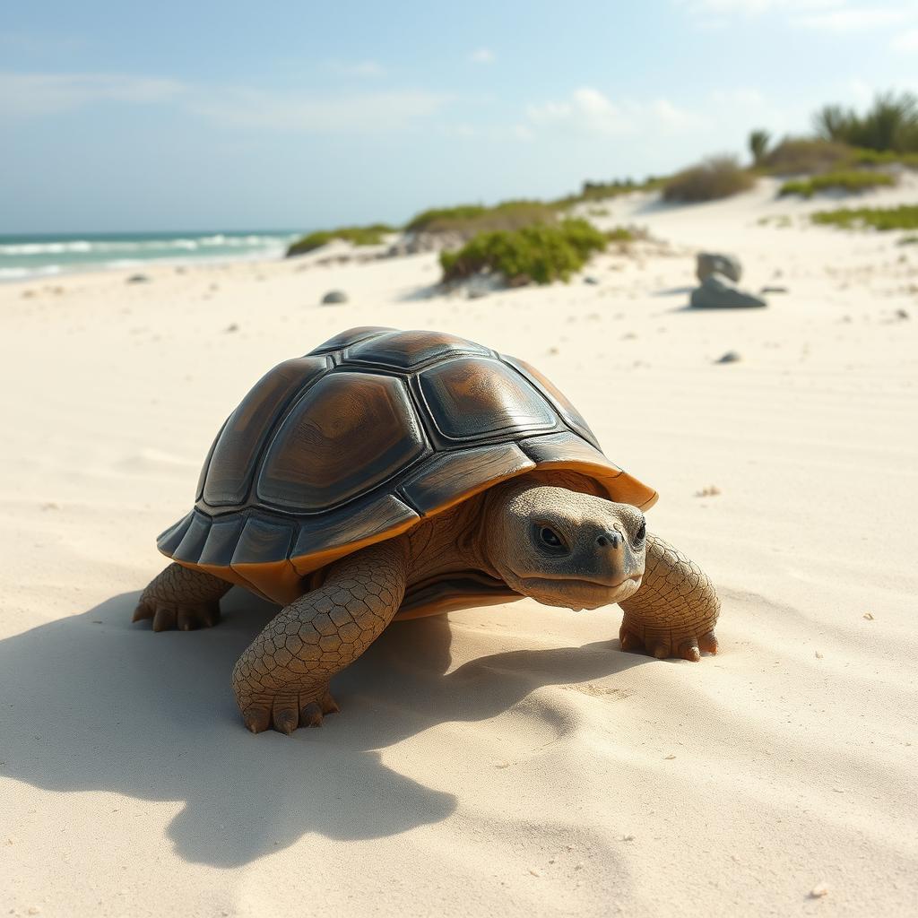 A unique turtle with a wooden shell and no mouth, exploring a deserted island