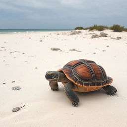 A unique turtle with a wooden shell and no mouth, exploring a deserted island