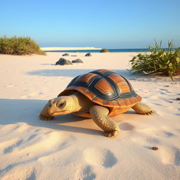 A unique turtle with a wooden shell and no mouth, exploring a deserted island