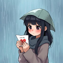 Create a realistic illustration of a girl looking sad while holding a love note in the rain