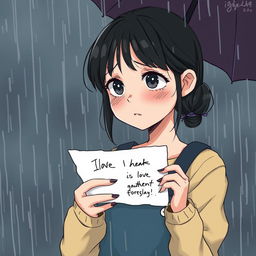 Create a realistic illustration of a girl looking sad while holding a love note in the rain