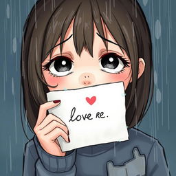 Create a realistic illustration of a girl looking sad while holding a love note in the rain