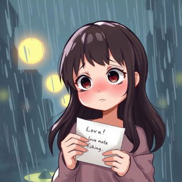 Create a realistic illustration of a girl looking sad while holding a love note in the rain