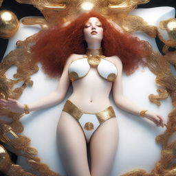 A full body image of a fair-skinned science fiction priestess with curly red hair and full lips, laying down in a white and gold bikini