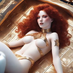 A full body image of a fair-skinned science fiction priestess with curly red hair and full lips, laying down in a white and gold bikini