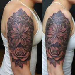 Create a variety of intricate and detailed tattoos designed to cover up existing tattoos. Show a diversity of styles and colors to accommodate different skin tones and personal preferences.