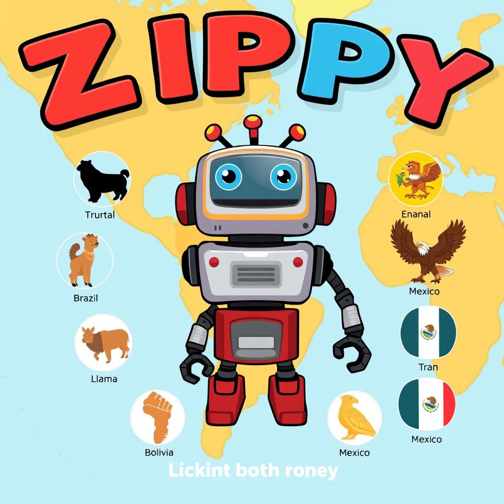 Create a book cover illustration for a children's story featuring Zippy, the robot, at the center