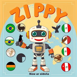 Create a book cover illustration for a children's story featuring Zippy, the robot, at the center