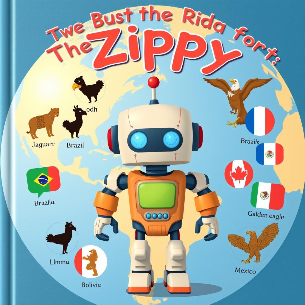 Create a book cover illustration for a children's story featuring Zippy, the robot, at the center