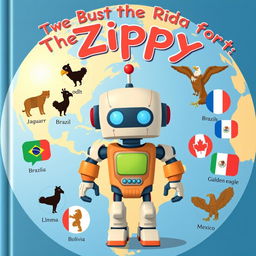 Create a book cover illustration for a children's story featuring Zippy, the robot, at the center