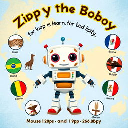 Create a book cover illustration for a children's story featuring Zippy, the robot, at the center