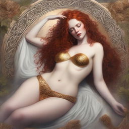 A full body image of a fair-skinned Celtic priestess with curly red hair and full lips, laying down in a white and gold bikini