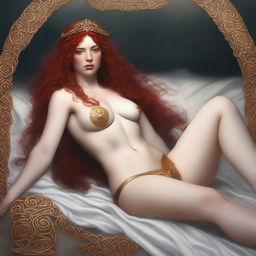 A full body image of a fair-skinned Celtic priestess with curly red hair and full lips, laying down in a white and gold bikini