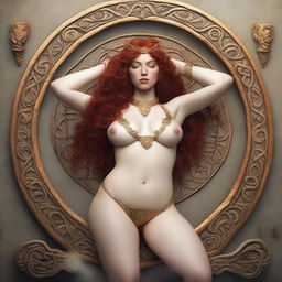 A full body image of a fair-skinned Celtic priestess with curly red hair and full lips, laying down in a white and gold bikini