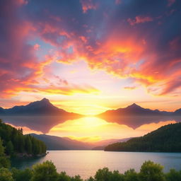 Generate an image of a serene landscape with a beautiful sunset over a calm lake, surrounded by lush green trees and mountains in the background